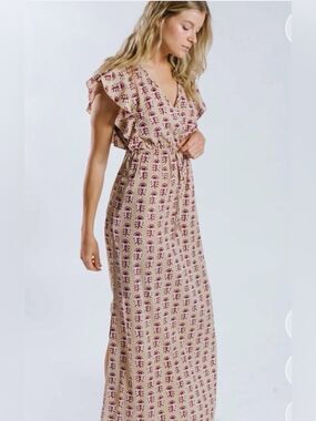 RAGA NWT M Block Print Maxi Dress Flutter Sleeve Boho Festival Resort Cotton